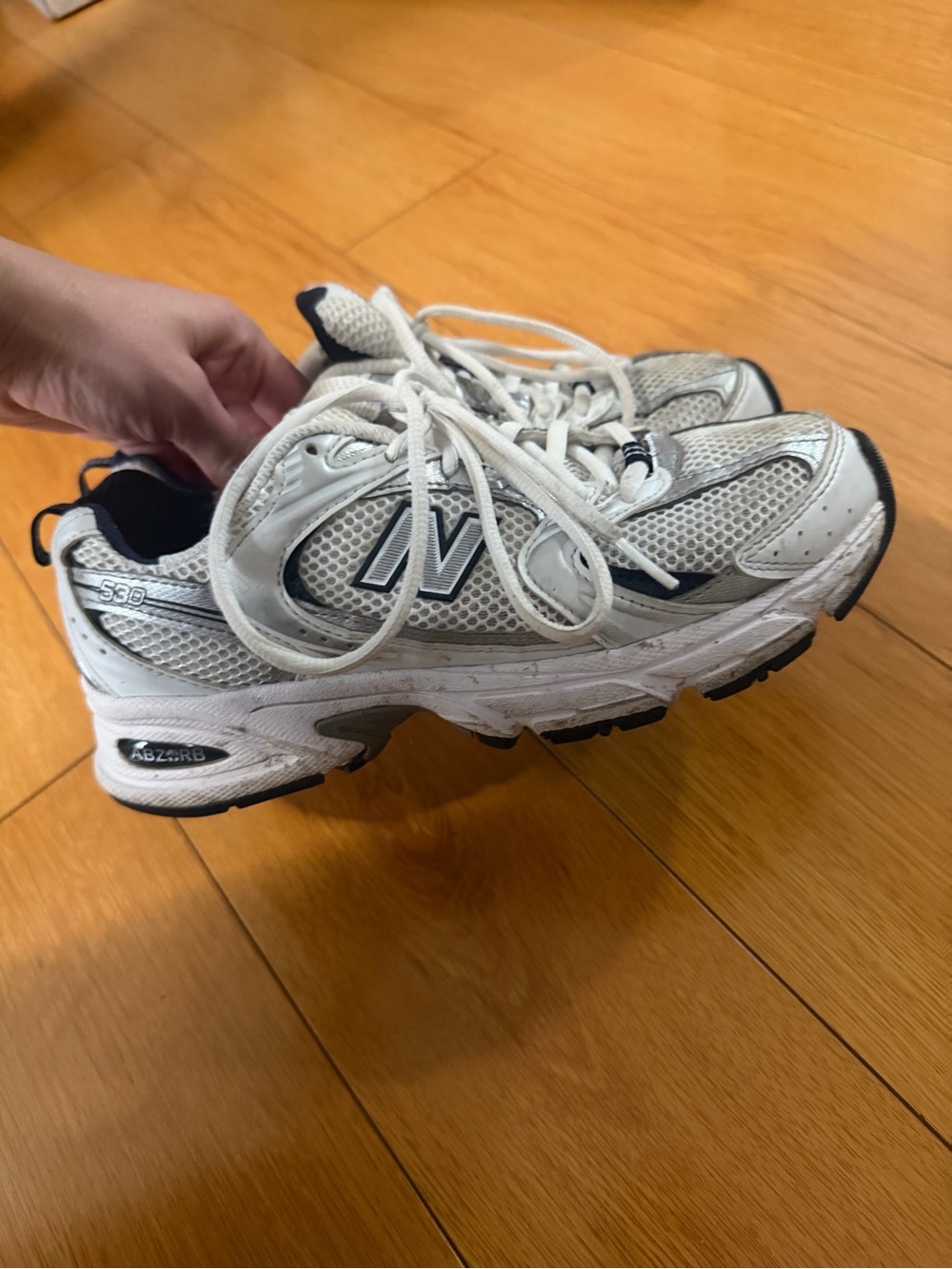 New Balance White, Navy & Silver Athletic Sneakers
